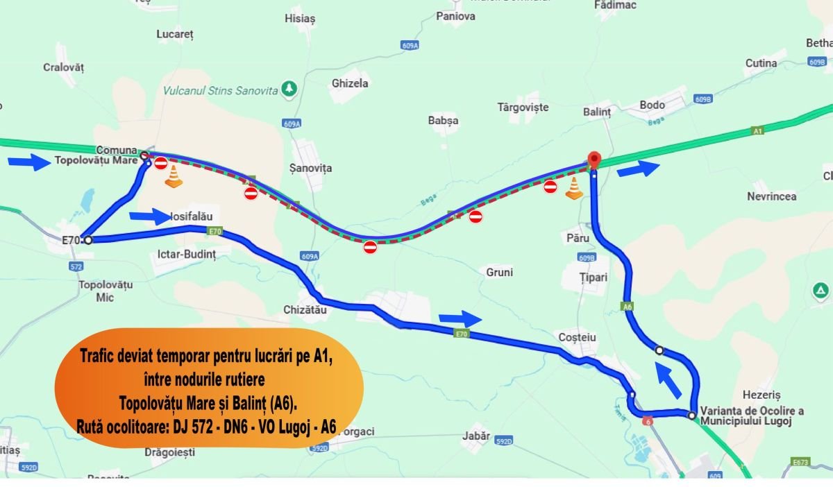 A közútkezelő által megjelölt alternatív útvonalak •  Fotó: Facebook/Temesvári Híd- és Útügyi Igazgatóság