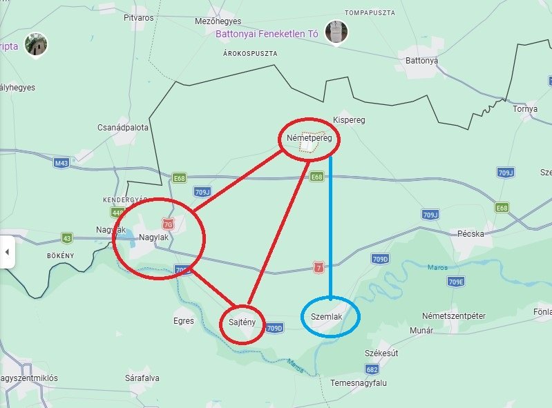 Pirossal jelölve a szóban forgó három közigazgatási egység, kékkel Szemlak, amellyel szívesebben együttműködne Németpereg &bullet;  Fotó: Google Maps/Képernyőmentés