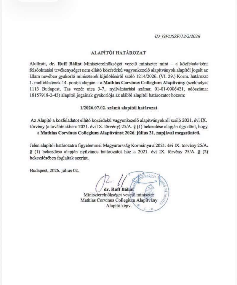 Az alapítvány megszüntetéséről szóló miniszteri határozat &bullet;  Fotó: Facebook/Orbán Balázs