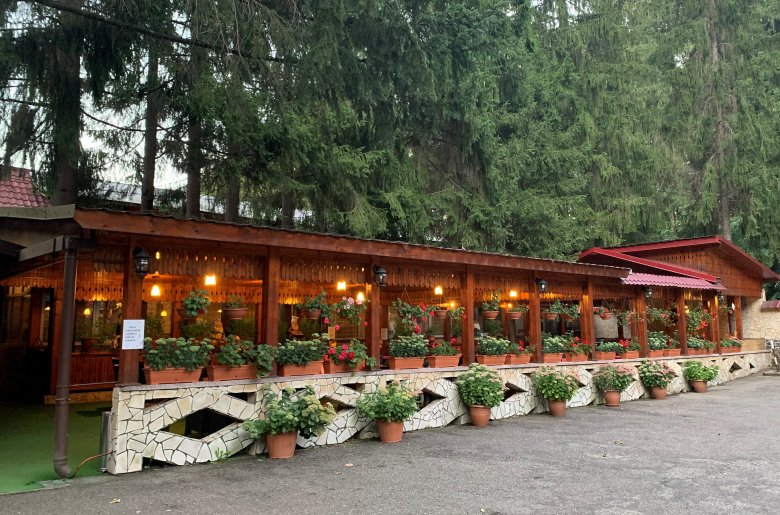 A panzió terasza. Az árnyas fenyők árnyékában nagy melegben is kellemes hely •  Fotó: Kisréti Zsombor