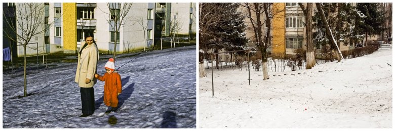 Dragomán György édesanyjával egykor, ugyanaz a helyszín ma •  Fotó: Régi fotók Erdélyből Facebook-csoport