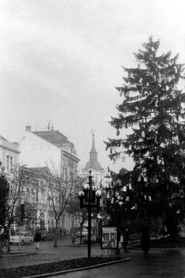 Üres dobozokkal feldíszített karácsonyfa a marosvásárhelyi főtéren 1985-ben 