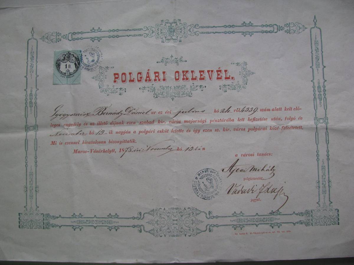 Marosvásárhelyi elismerés 1878-ból 