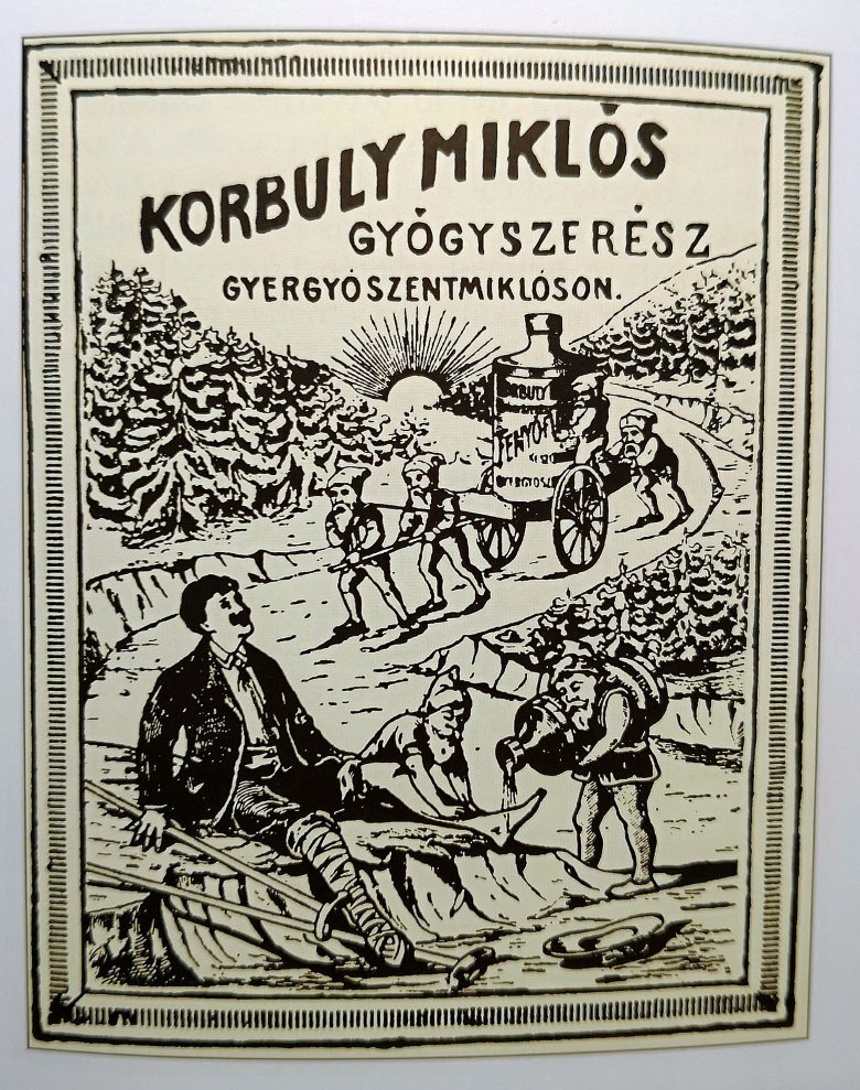 Korabeli reklám, Korbuly Miklós gyógyszerészt idézi (Nyisztor Miklós gyűjteményéből) 
