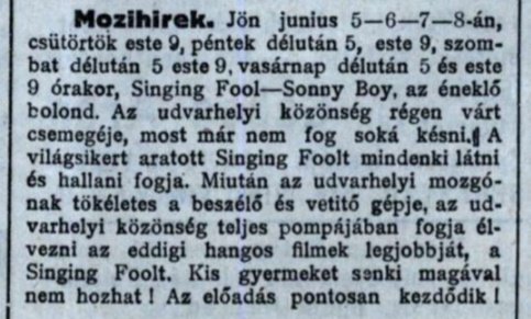 Az első hangosfilmvetítést megelőző hírverés bizonyítéka •  Fotó: Székely Közélet