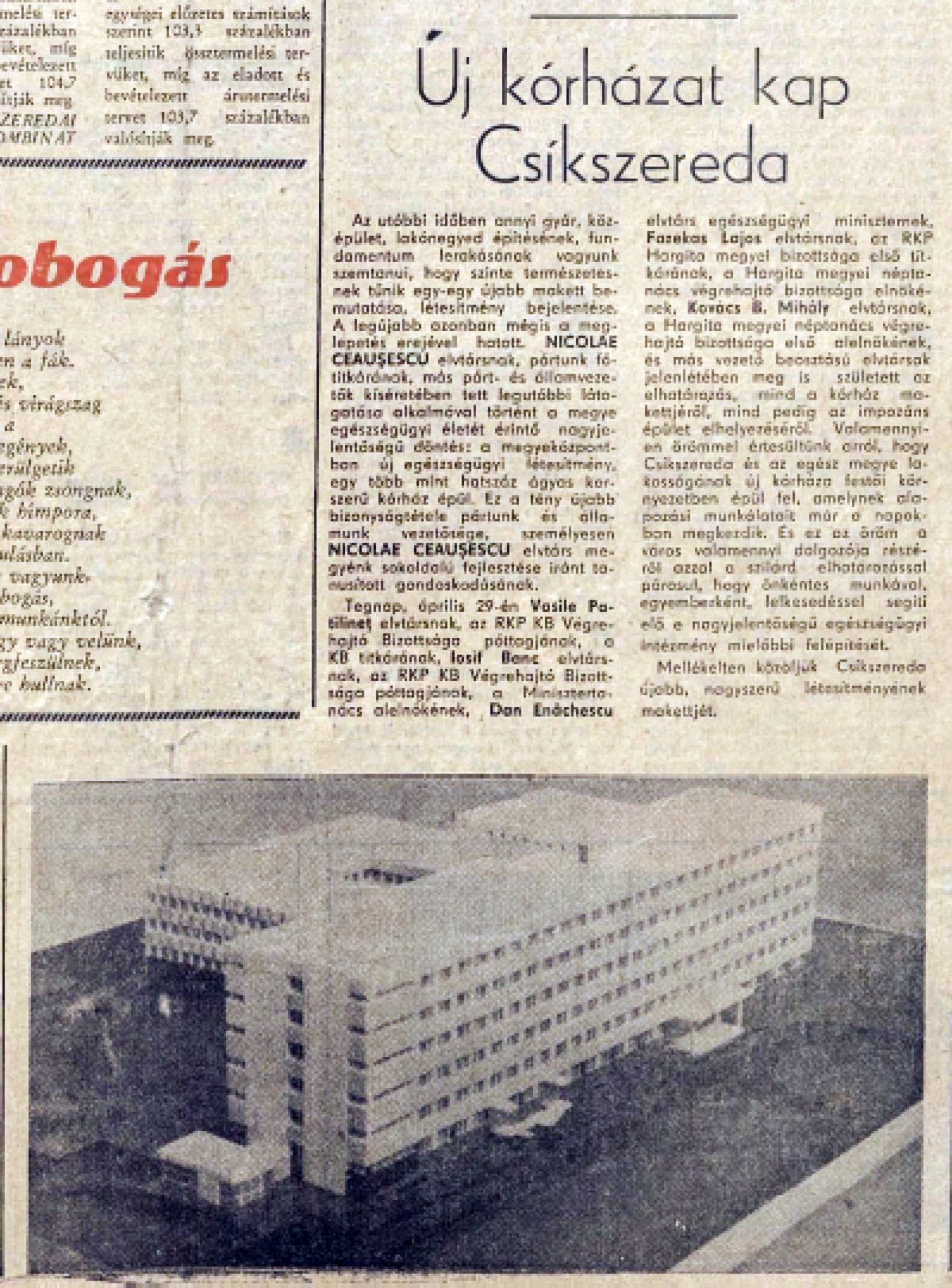 Hargita, 1970. április 30. •  Fotó: Forrás: a Csíkszeredai Megyei Sürgősségi Kórház gyűjtése