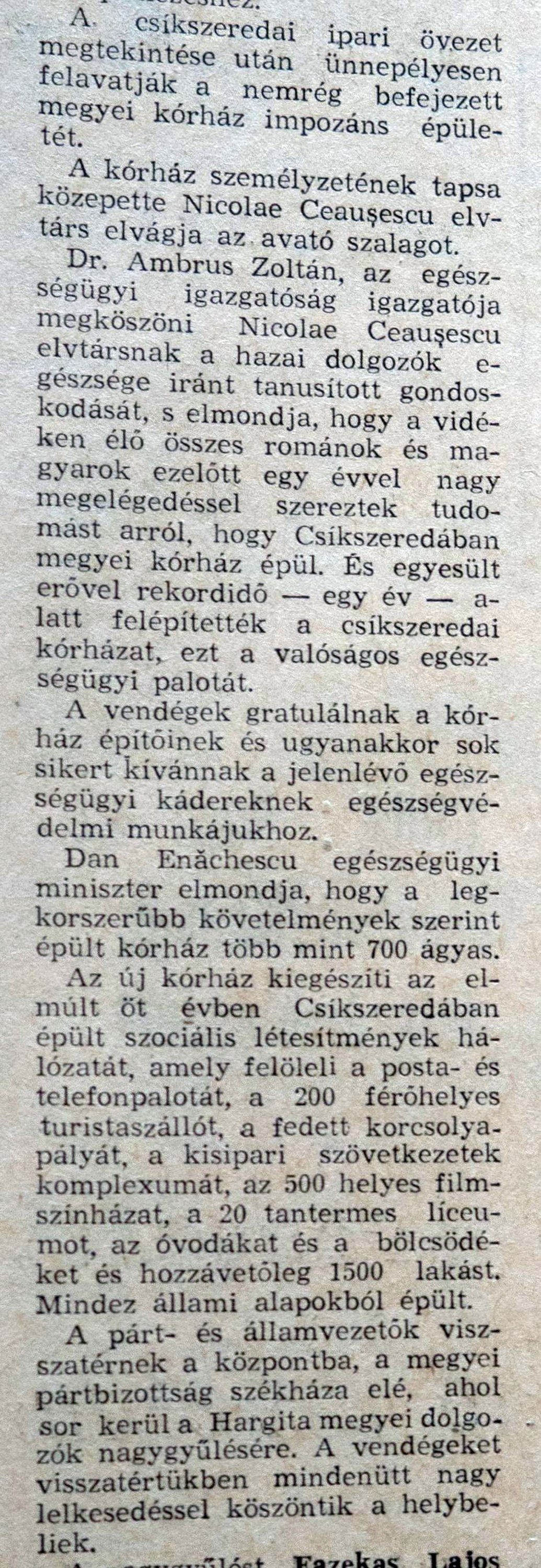 Vörös Zászló, 1971. augusztus 16. •  Fotó: Forrás: a Csíkszeredai Megyei Sürgősségi Kórház gyűjtése