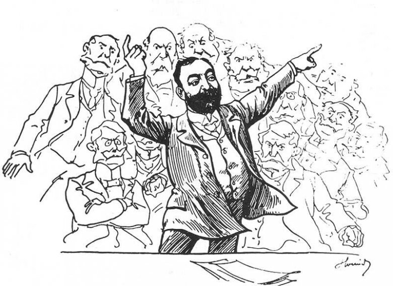 Korabeli karikatura a szónokló Ugron Gáborról •  Fotó: Kép forrása: Vasárnapi Újság