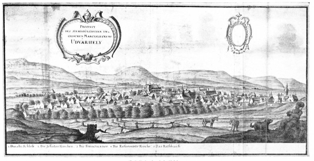 J. I. Haas rajza 1735-ből, a város közepén látható már az épülő ferencrendi templom, valamint a régi református templom •  Fotó: J. I . Haas rajza 1735-ből