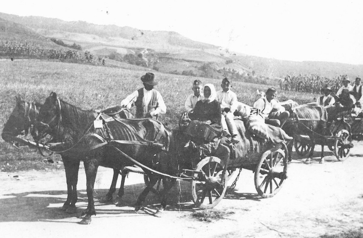 Úton Homoródalmásról a székelykeresztúri unitárius gimnáziumba 1942. szeptember 20-án •  Fotó: Forrás: Szabó Gyula örökösei