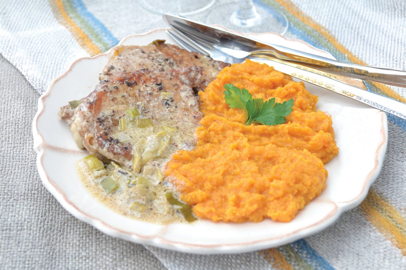 sertésszelet, édesburgonya, püré, recept, ebéd