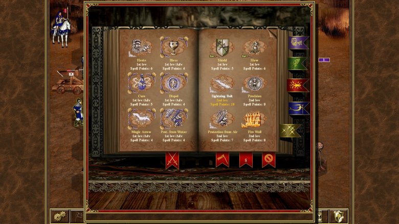 Ez a hősünk varázskönyve. Ezekkel erősíthetjük a saját egységeinket, gyengíthetjük az ellenséget •  Fotó: Képernyőfotó/Heroes of Might and Magic III