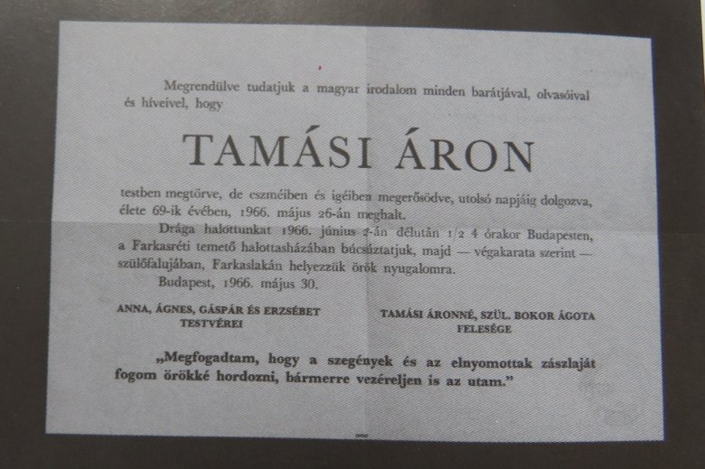 Tamási gyászjelentése •  Fotó: Kép forrása: Dr. Bakk Takács Sára Hazulról haza című kötete