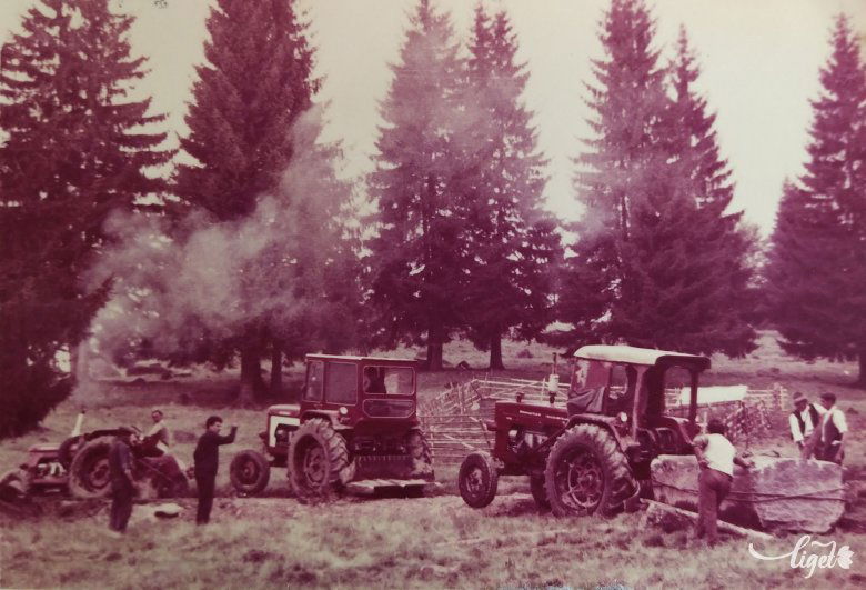 Három traktor húzta ki a követ Tamási síremlékéhez •  Fotó: Forrás: a Bakk család archívuma