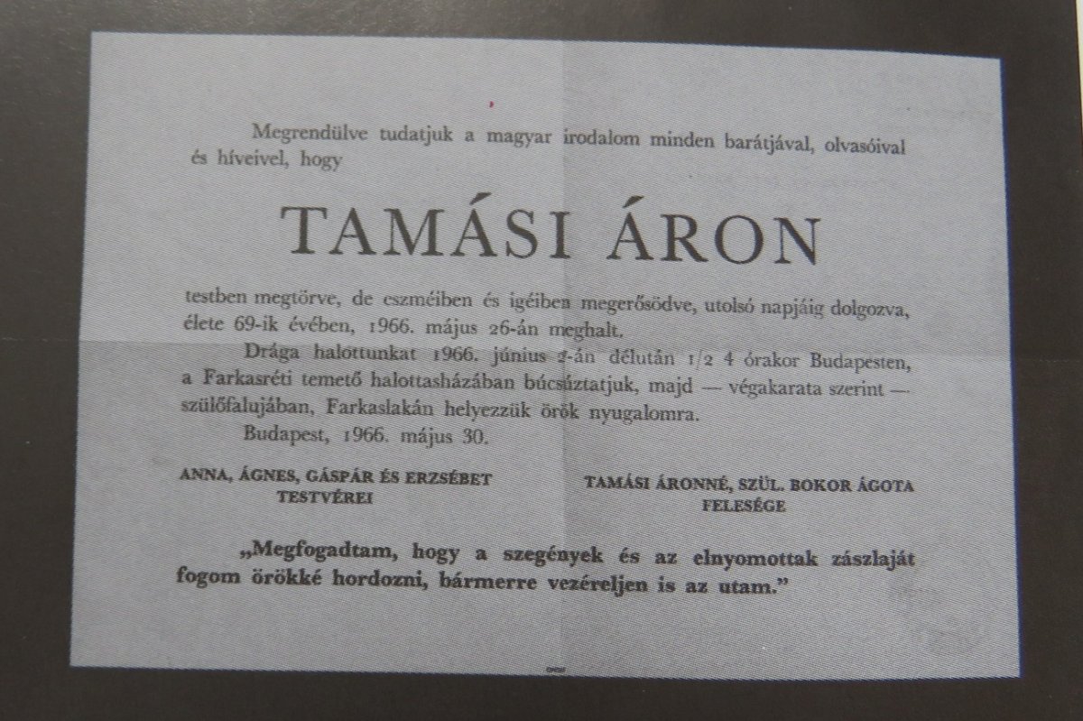 Tamási gyászjelentése •  Fotó: Kép forrása: Dr. Bakk Takács Sára Hazulról haza című kötete