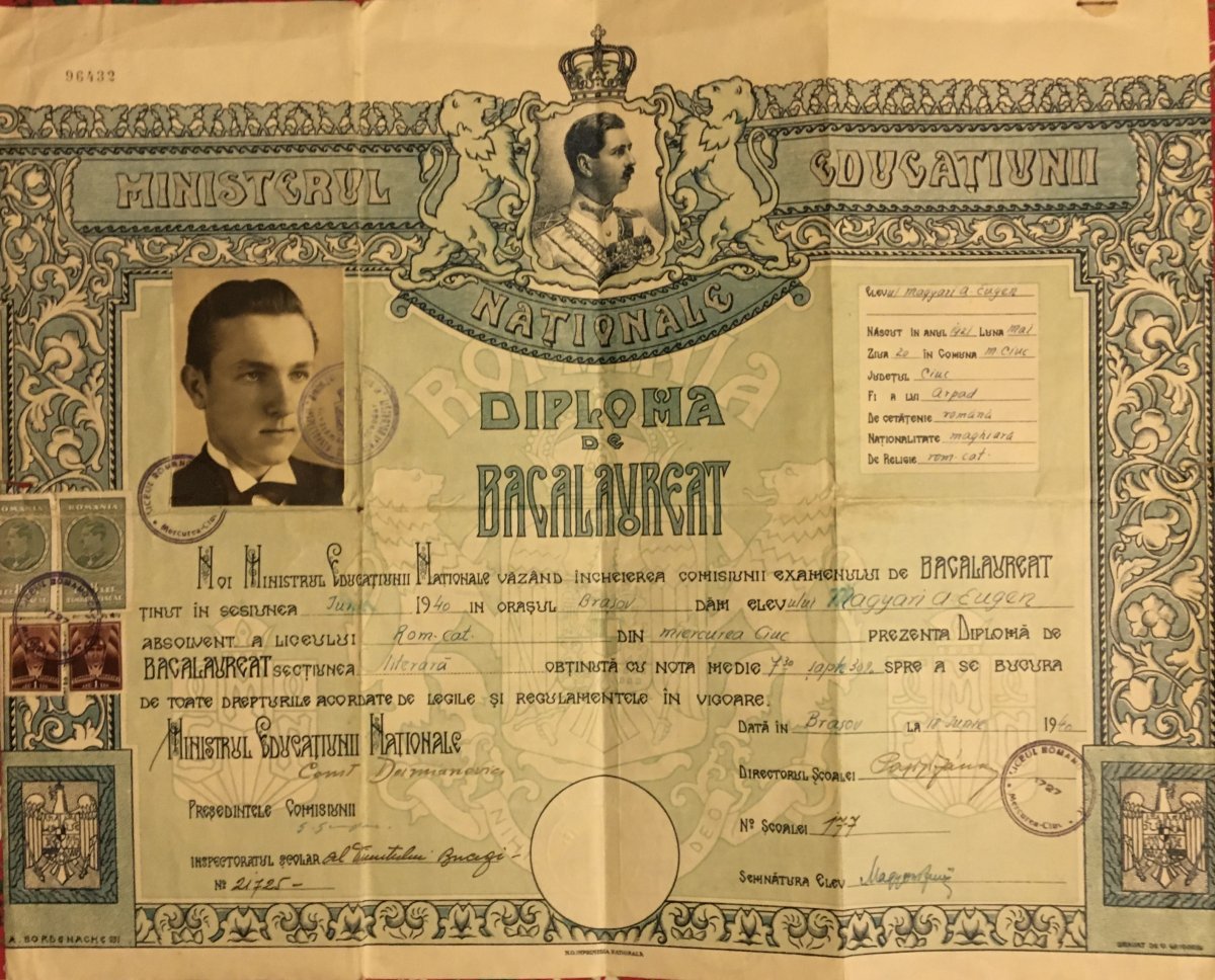 Magyari Jenő érettségi oklevele •  Fotó: Forrás: a Magyari család archívuma