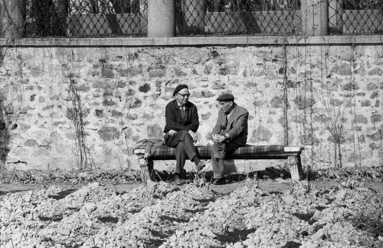 1966, Magyarország, Szigliget, Esterházy kastély, az Alkotóház parkja, szemüveggel, svájci sapkában Fekete István író. •  Fotó: Fortepan/Hunyadi József