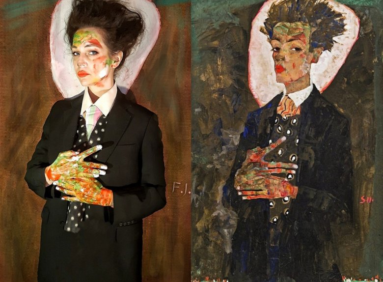 Egon Schiele: Önarckép páva mellényével. 1911 •  Fotó: Richard Wagner