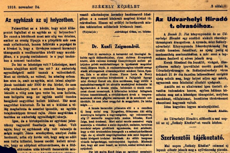 A Székely Közélet 1918. november 24-i lapszáma •  Fotó: Székely Közélet