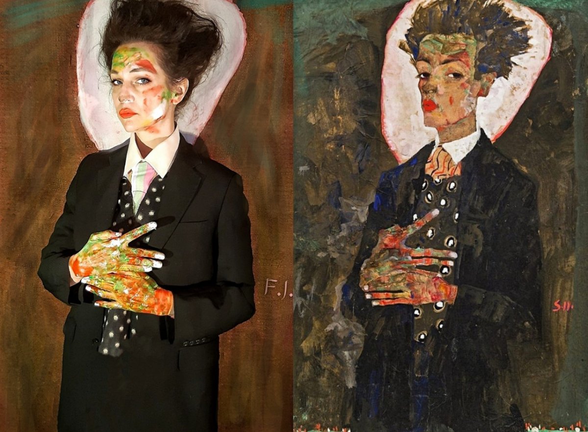 Egon Schiele: Önarckép páva mellényével. 1911 •  Fotó: Richard Wagner