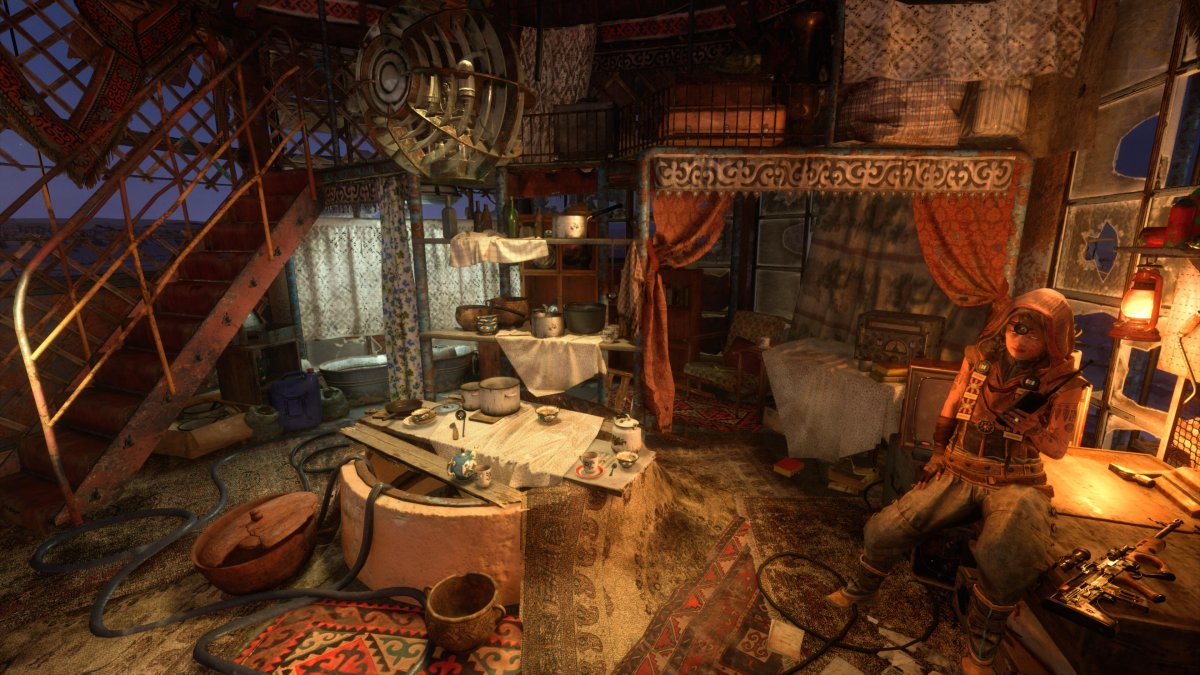 Szőnyegekkel és egyéb használati tárgyakkal telezsúfolt bázis a Metro Exodus egyik küldetésében •  Fotó: Metro Exodus/4A Games/Képernyőfotó