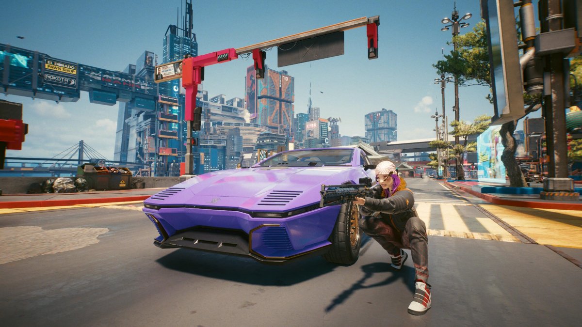 Színes járgányokkal, hatalmas fegyverarzenállal randalírozhatunk Night City utcáin •  Fotó: Cyberpunk 2077/Képernyőfotó