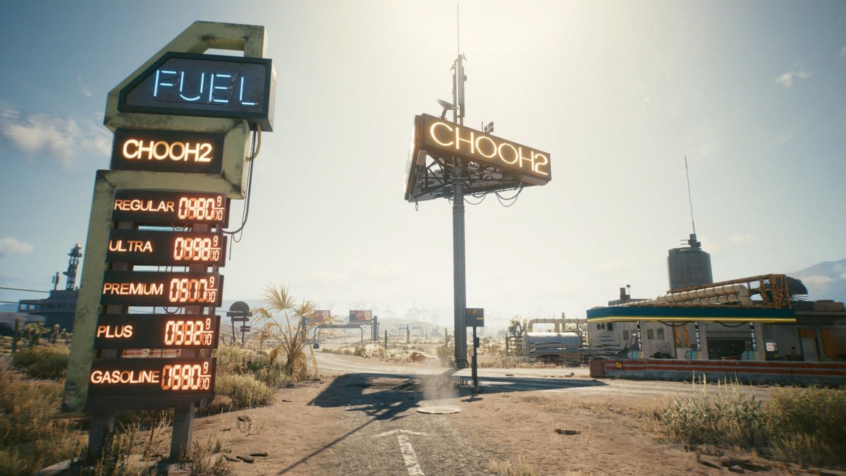 A jövőben is lesz fosszilis üzemanyag, legalábbis a Cyberpunk világában még megtalálható. Ami az árfolyamot illeti, nehéz megmondani, hogy sokba kerül-e, hiszen itt fiktív valutában, euródollárban kell fizetni •  Fotó: Cyberpunk 2077/Képernyőfotó