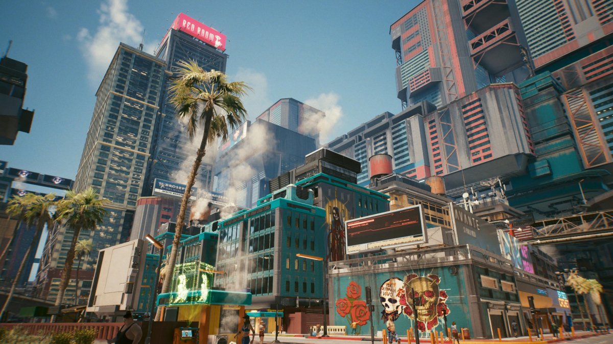 A mindent megfolytó betonregeteg és a pálmafák találkozása azt mutatja, hogy itt trópusi állapotok uralkodnak •  Fotó: Cyberpunk 2077/Képernyőfotó