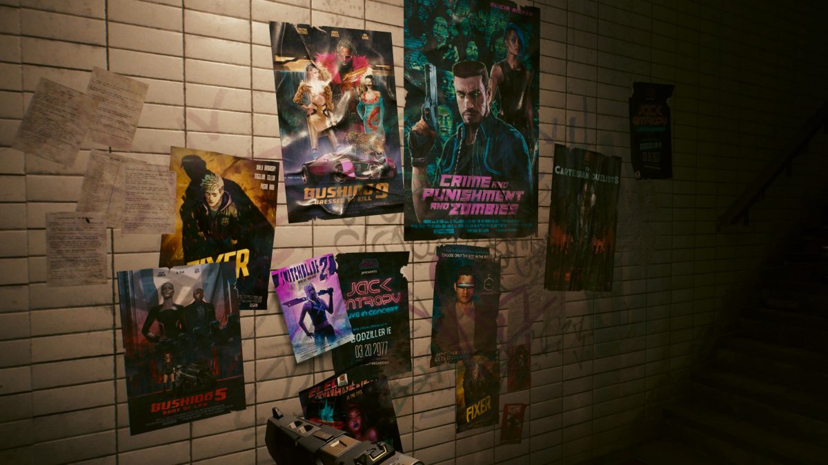 Fiktív plakátok, amik csak a Cyberpunk-univerzumban léteznek, hogy ne kelljen a készítőknek a jogvédett dolgok miatt perelniük •  Fotó: Cyberpunk 2077/Képernyőfotó