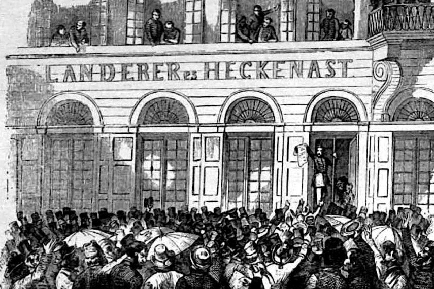 A kinyomtatott 12 pontot Szepessy Ferenc polgármester és a tanács tagjai aláírták, majd Rottenbiller az ablakon át felmutatta a népnek, ezzel megszületett a szabadsajtó első hivatalos terméke Pesten, 1848. március 15-én. A Vasárnapi Ujság illusztrációja a •  Fotó: Forrás: Wikipédia