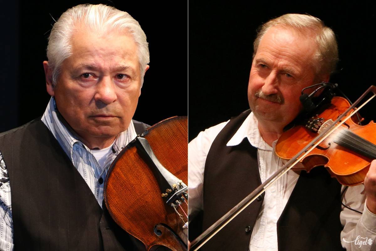 Mezei Ferenc, azaz Csángáló és Sipos Ferenc. Hasonló cipőben •  Fotó: Liget-kollázs/Dobos Eszter