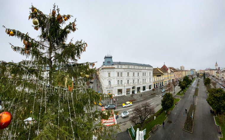 Díszítik Marosvásárhely központjában a karácsonyfát