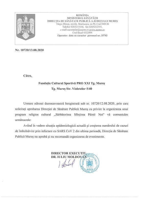 A hivatalos irat, amelyben nem hagyja jóvá az egészségügyi igazgatósság a rendezvényt és nem is javasolja a megtartását •  Fotó: Cseh Gábor