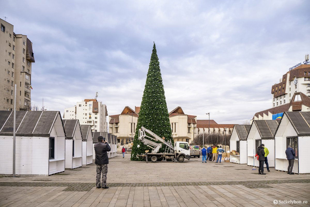 A Színház téren még díszítik a karácsonyfát, a vásár pénteken nyílik •  Fotó: Haáz Vince