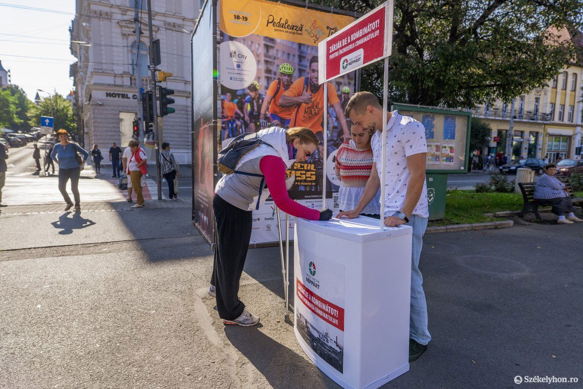A főtéri virágóránál lehet aláírni a kombinát bezárására vonatkozó petíciót •  Fotó: Haáz Vince