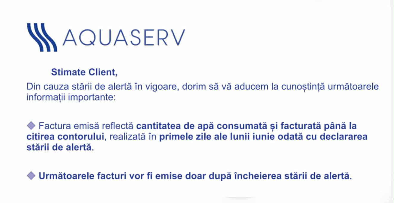 Ilyen értesítést kaptak a dicsőszentmártoni fogyasztók júniusban •  Fotó: Aquaserv
