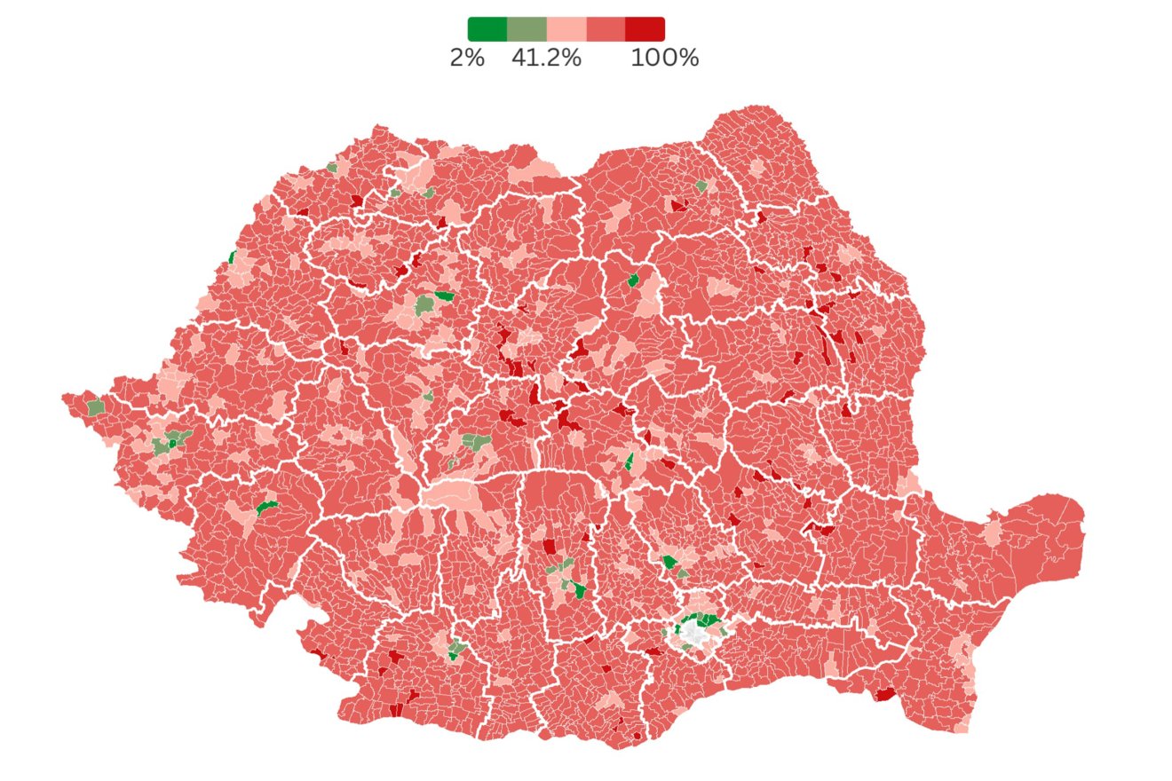 A három székelyföldi megyében egyetlen település zöld, Borszék. Országszerte sem sok helyen látni zöld színt • Fotó: Fejlesztési, Közigazgatási és Közmunkálatokért felelős Minisztér