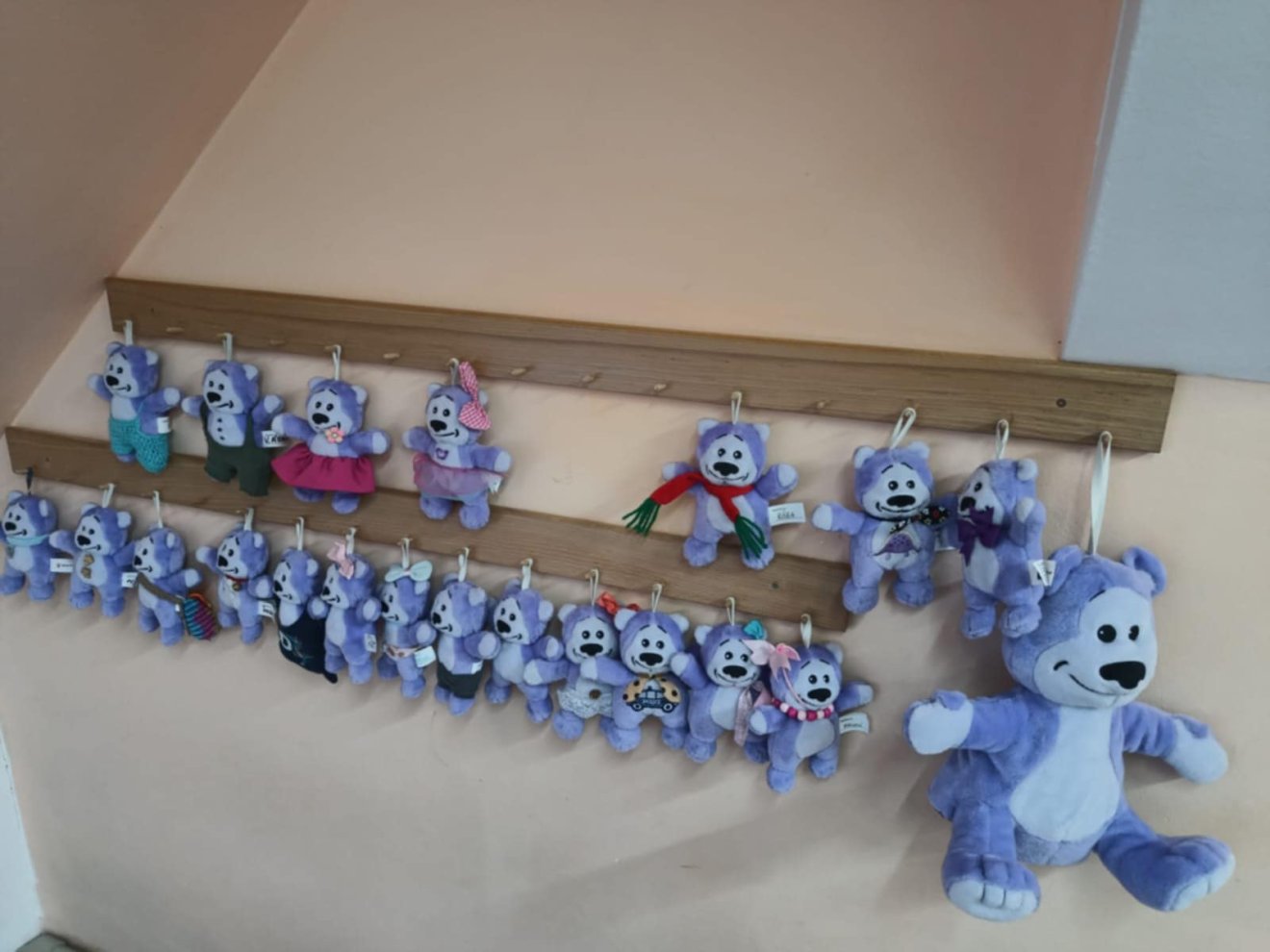 A marosvásárhelyi Stefánia Napköziotthon egyik csoportjában fogason várják a lila macik a gyerekeket &bullet;  Fotó: Stefánia Napköziotthon archívuma